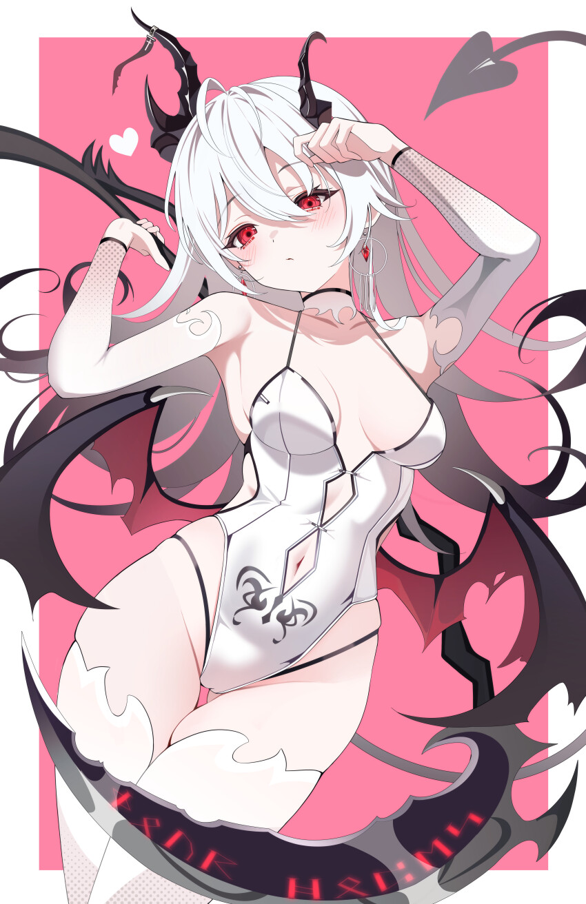 1girl :/ absurdres antenna_hair arm_up asymmetrical_horns black_hair black_horns blush border breasts breasts_apart closed_mouth clothing_cutout commentary demon_girl demon_horns demon_tail demon_wings detached_sleeves diamond_cutout diamond_earrings dress earrings floating_hair gradient_hair hair_between_eyes halterneck hand_up head_tilt highleg highleg_dress highres holding holding_scythe holding_weapon horns inset_border jewelry long_hair looking_at_viewer medium_breasts multicolored_hair navel_cutout original panty_straps pink_background red_eyes scythe sikimosh solo tail thighhighs thighs very_long_hair weapon white_border white_hair white_thighhighs wings