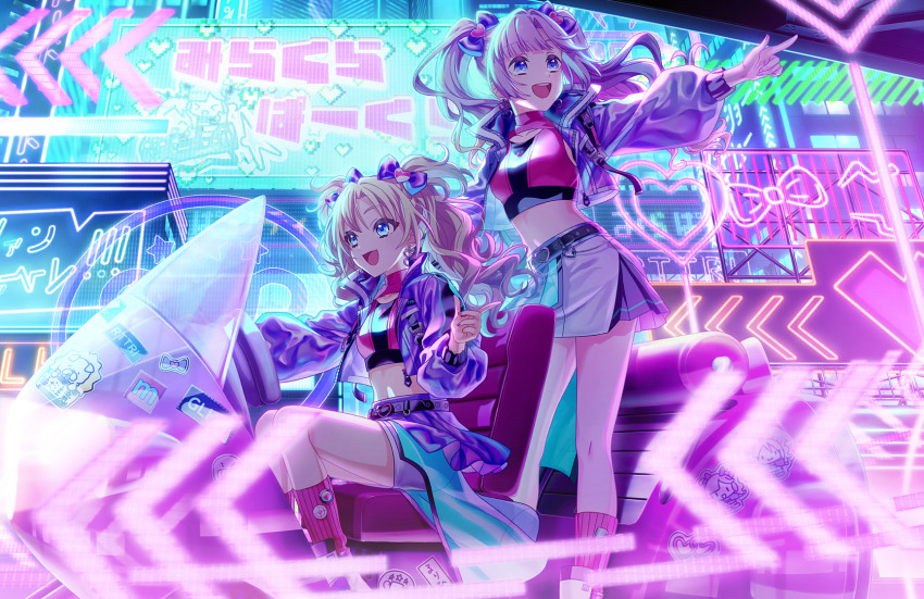 2girls :d above_cleavage_cutout anyoji_hime belt black_belt blast!!_(love_live!) blonde_hair blue_eyes blue_hair boots bow breasts clothing_cutout collarbone crop_top cropped_shirt game_cg gradient_hair group_name hair_bow hair_intakes hair_ornament heart heart_belt_buckle heart_hair_ornament highres index_finger_raised jacket layered_skirt link!_like!_love_live! long_hair long_sleeves love_live! medium_breasts midriff miniskirt mira-cra_park! multicolored_hair multiple_girls neon_lights non-web_source official_alternate_costume official_art open_clothes open_jacket open_mouth osawa_rurino outdoors outstretched_arm parted_bangs pink_hair pink_shirt pink_socks pleated_skirt pointing puffy_long_sleeves puffy_sleeves purple_bow purple_jacket shirt short_shorts shorts sitting skirt sleeveless sleeveless_shirt smile socks standing teeth turtleneck turtleneck_shirt twintails upper_teeth_only virtual_youtuber white_boots white_shorts white_skirt
