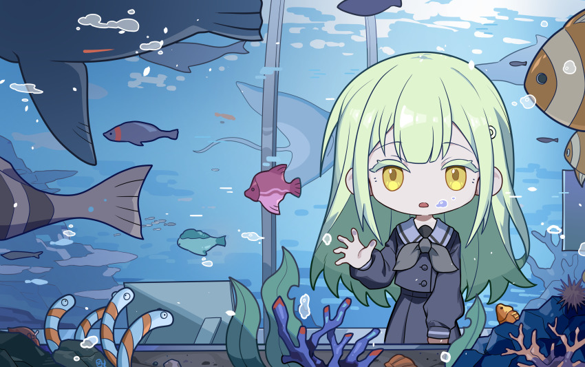 1girl absurdres aquarium bang_dream! bang_dream!_it&#039;s_mygo!!!!! blue_shirt blue_skirt chibi commentary coral dated_commentary fish green_hair grey_neckerchief highres long_hair long_sleeves neckerchief open_mouth shirt skirt solo wakaba_mutsumi yellow_eyes yzj21333