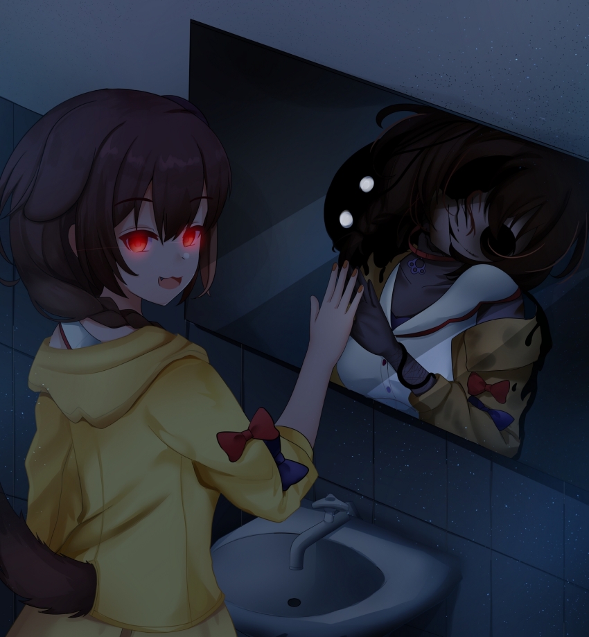 :d animal_ears blood blood_on_clothes breasts brown_hair cleavage dark_background death different_reflection dog_ears dog_girl dog_tail empty_eyes from_behind glowing glowing_eyes highres hololive horror_(theme) inugami_korone inugami_korone_(1st_costume) jacket long_hair looking_back mirror open_mouth red_eyes reflection rimun_rimun sink smile tail virtual_youtuber