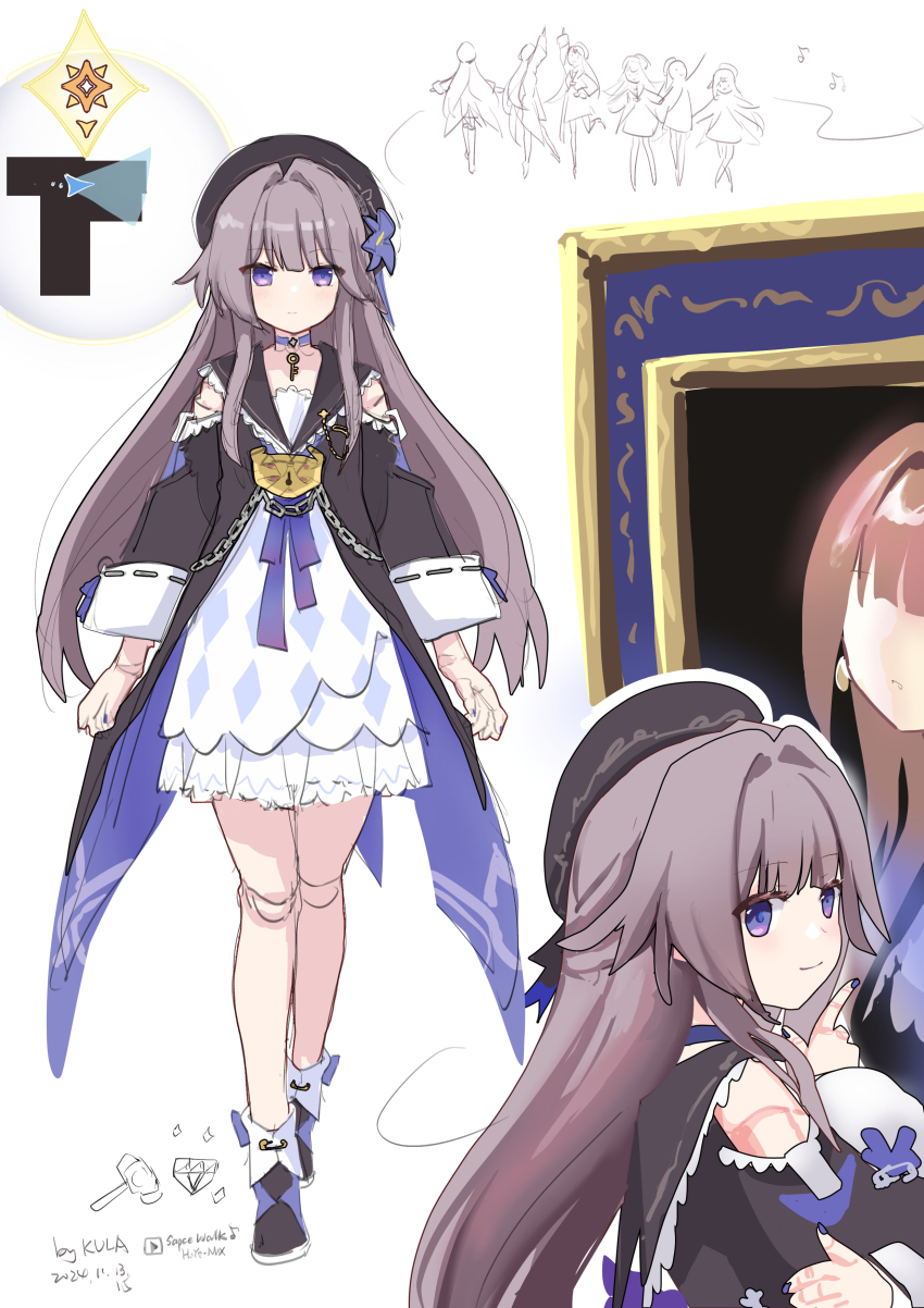 1girl absurdres beret black_hat black_shoes brown_hair chinese_commentary choker commentary_request dancing dress flower full_body gem_(symbol) hammer hat herta_(honkai:_star_rail) highres honkai:_star_rail honkai_(series) key key_choker kkkula_(kula) lock long_hair looking_at_viewer minimap multiple_views musical_note portrait_(object) purple_choker purple_eyes purple_flower purple_nails shoes simple_background smile white_background white_dress