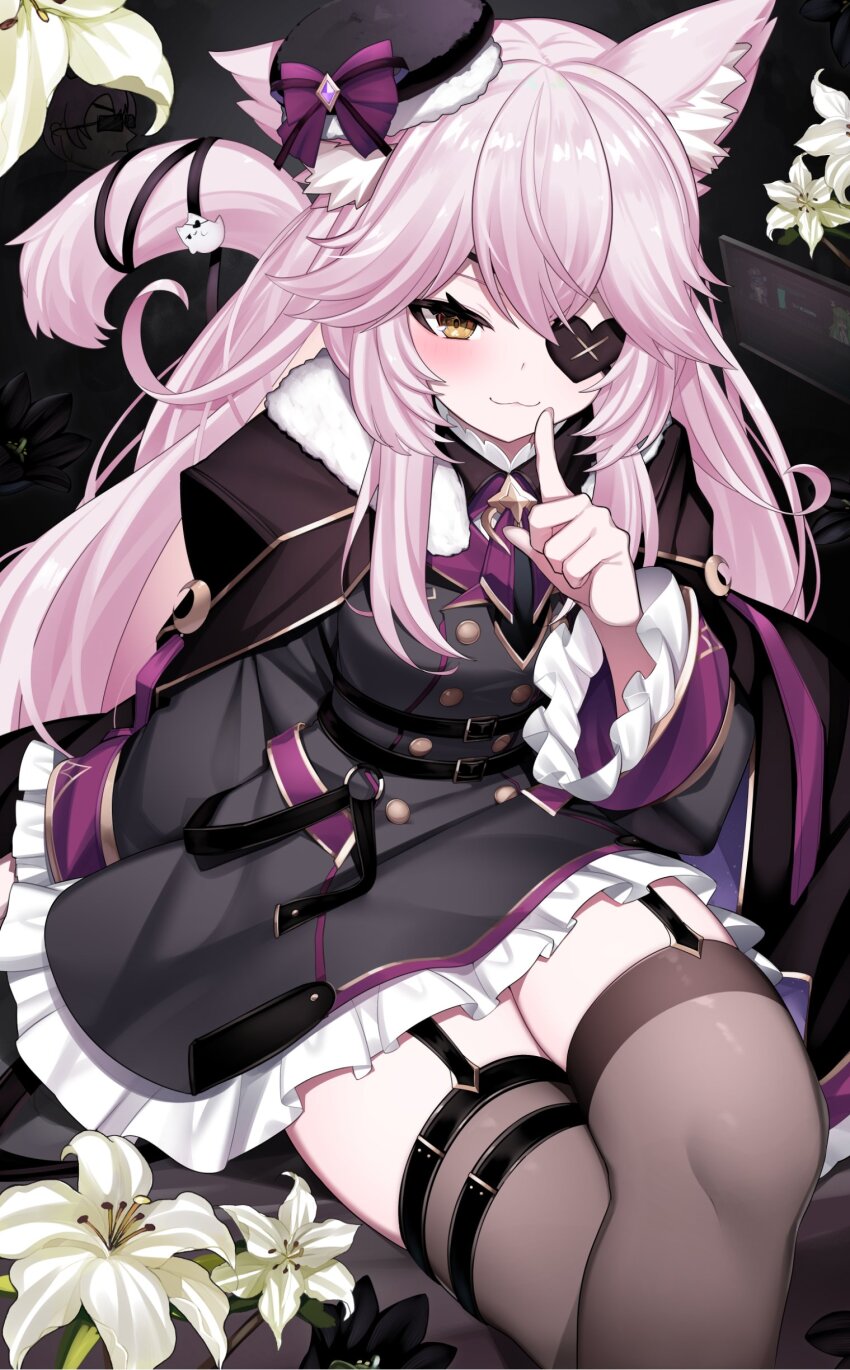 1girl :3 absurdres akagi_(sk0127aho) animal_ear_fluff animal_ears belt black_belt black_cape black_dress black_flower black_garter_straps black_hat buttons cape cat_ears cat_girl cat_tail closed_mouth crossed_legs double-breasted dress eyepatch flower frilled_dress frills fur-trimmed_cape fur_trim garter_straps hat heart heart_eyepatch highres indie_virtual_youtuber long_hair military_uniform mini_hat nyatasha_nyanners nyatasha_nyanners_(commander_cat) pink_hair ribbon solo tail tail_ornament tail_ribbon thighhighs virtual_youtuber white_flower yellow_eyes