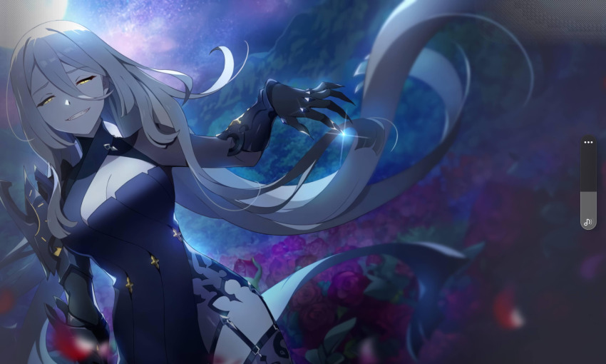 1girl ? absurdres armor bracer breasts cleavage cutout dress from_side highres holding kneeling large_breasts medium_breasts non-web_source pale_skin slit smile solo sword thighhighs thighs velanna_(eversoul) weapon
