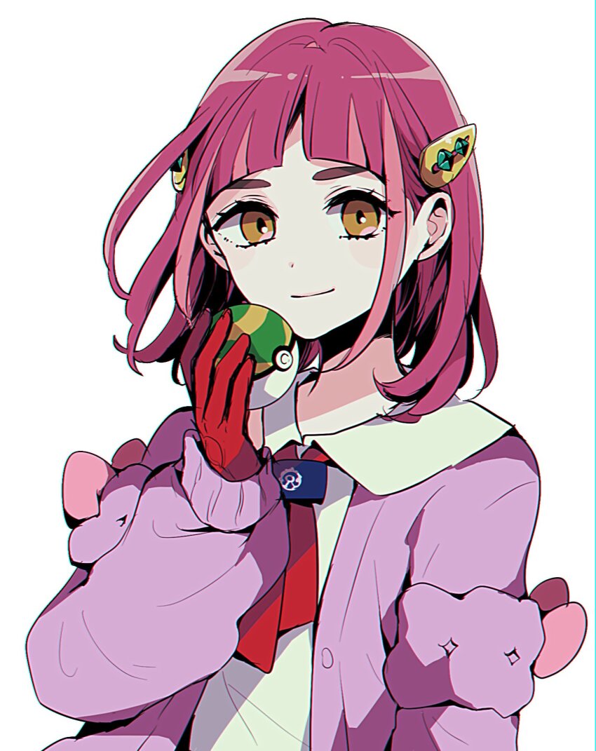 1girl arched_bangs brown_eyes cardigan closed_mouth gloves hair_ornament hairclip highres holding holding_poke_ball lacey_(pokemon) long_sleeves looking_at_viewer neckerchief nest_ball nintendo partially_fingerless_gloves pink_cardigan pink_hair poke_ball pokemon pokemon_sv red_gloves red_neckerchief shinogo_no shirt short_hair smile solo upper_body white_background white_shirt