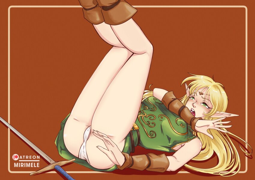 1990s_(style) 1girl absurdres ass blonde_hair blush boots deedlit dress elf green_dress green_eyes highres long_hair open_mouth pants pointy_ears record_of_lodoss_war retro_artstyle sword weapon