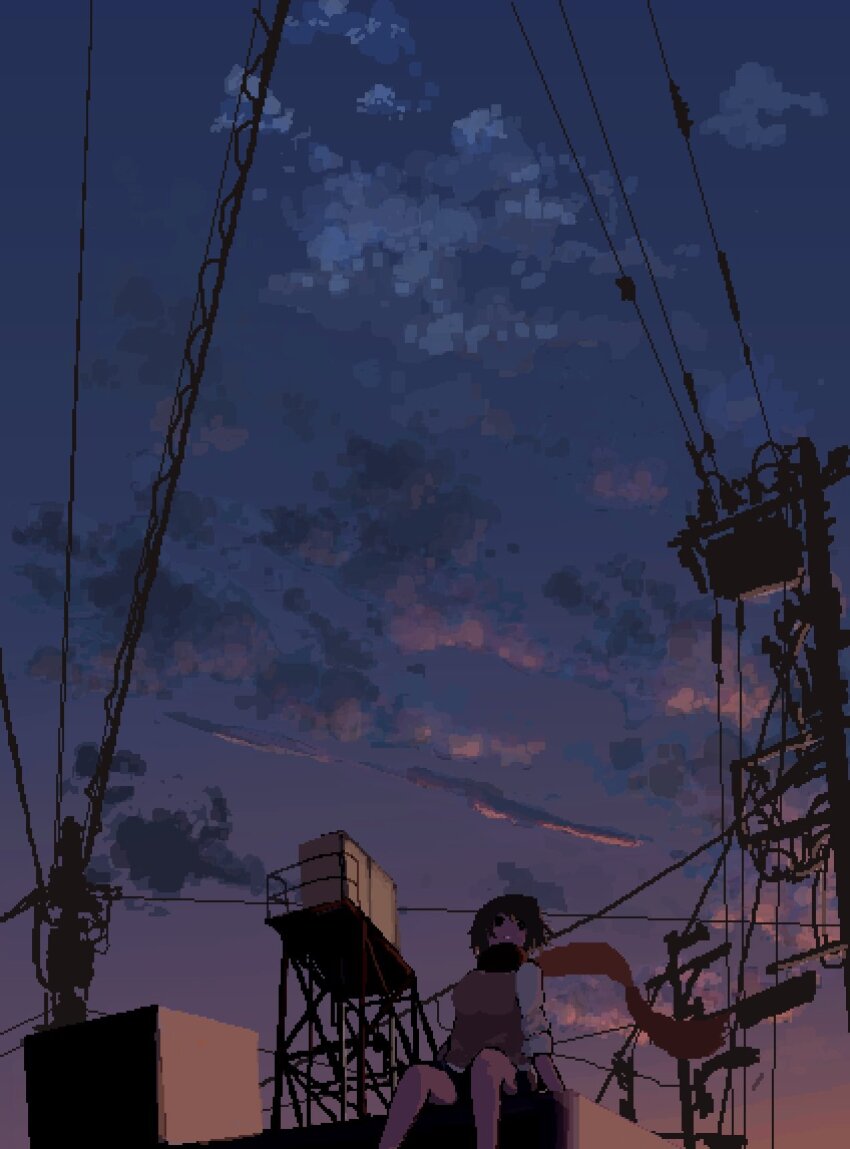 1girl :o atmospheric_perspective black_eyes black_shoes brown_hair building cloud cloudy_sky fireworks from_below highres hisachan55cute mask mouth_mask multicolored_shirt no_humans original pixel_art power_lines red_scarf scarf scenery shirt shoes short_hair silhouette sitting_on_building sky sky_focus sleeves_rolled_up solo sunset upper_body utility_pole water_tower white_shirt