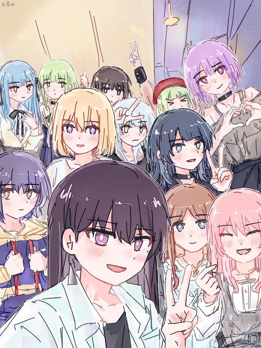 &gt;_&lt; 6+girls :3 arm_up ave_mujica_(bang_dream!) bang_dream! bang_dream!_it&#039;s_mygo!!!!! beret black_choker black_hair black_ribbon black_shirt blue_dress blue_eyes blue_hair blue_hoodie blush brown_eyes brown_hair chihaya_anon chinese_commentary choker closed_eyes commentary_request dress everyone fang finger_heart green_eyes green_hair grey_dress grey_hair grey_shirt hair_between_eyes hair_ribbon hat heart heart_hands heterochromia highres hood hood_down hoodie jacket kaname_raana keyun long_hair medium_hair misumi_uika mole mole_under_eye mortis_(bang_dream!) mortis_(costume)_(bang_dream!) mortis_(persona)_(bang_dream!) multiple_girls mygo!!!!!_(bang_dream!) nagasaki_soyo neck_ribbon off-shoulder_shirt off_shoulder open_mouth pinafore_dress pink_eyes pink_hair pleated_dress purple_eyes purple_hair red_hat ribbon shiina_taki shirt short_hair sidelocks sleeveless sleeveless_dress sumimi_(bang_dream!) sumita_mana takamatsu_tomori thumbs_up togawa_sakiko very_long_hair wakaba_mutsumi white_hair white_jacket white_shirt yahata_umiri yellow_eyes yuutenji_nyamu
