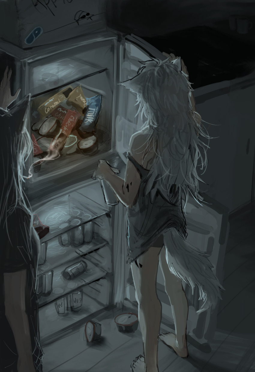 2girls alternate_costume animal_ears arknights barefoot beer_can black_hair black_panties black_shirt black_tank_top can drink_can facing_away food from_behind hand_up highres ice_cream indoors kitchen lappland_(arknights) long_hair loungewear material_growth messy_hair multiple_girls mutomorokoshi night no_pants open_door oripathy_lesion_(arknights) panties refrigerator shirt short_sleeves standing strap_slip tail tank_top texas_(arknights) underwear white_hair wolf_ears wolf_girl wolf_tail