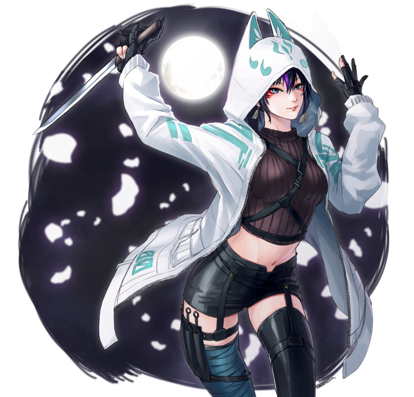 black_and_red_and_purple_hair boots crop_top crux gloves highres jacket kitsune_marks kunai kunimitsu_ii ninja namco purple_eyes shorts tekken tekken_8 weapon