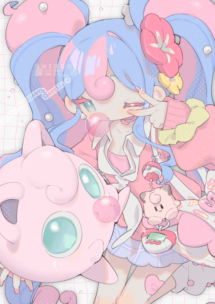 bag bandaid bandaid_on_leg blowing_bubble_gum blowing_bubbles blue_eyes blue_hair blue_skirt cardigan character_doll charm_(object) chewing_gum choker clefairy collared_shirt curly_hair doll fairy_miku_(project_voltage) fish_sprite_(pokemon) flower flower_sprite_(pokemon) gen_1_pokemon green_eyes grid_background gyaru hair_flower hair_ornament hatsune_miku heart heart-shaped_bandaid heart_choker highres jigglypuff kogal long_hair loose_socks miniskirt multicolored_hair neckerchief nintendo one_eye_closed pillow pink_cardigan pink_hair pink_nails plaid_clothes plaid_skirt poke_ball poke_ball_(basic) pokemon pokemon_(creature) print_pillow project_voltage red_flower scrunchie shirt shoulder_bag skirt socks sparkle stuffed_animal stuffed_toy tendoshi twintails twitter_username two-tone_hair v v_over_eye very_long_hair vocaloid white_flower white_neckerchief wrist_scrunchie yellow_flower