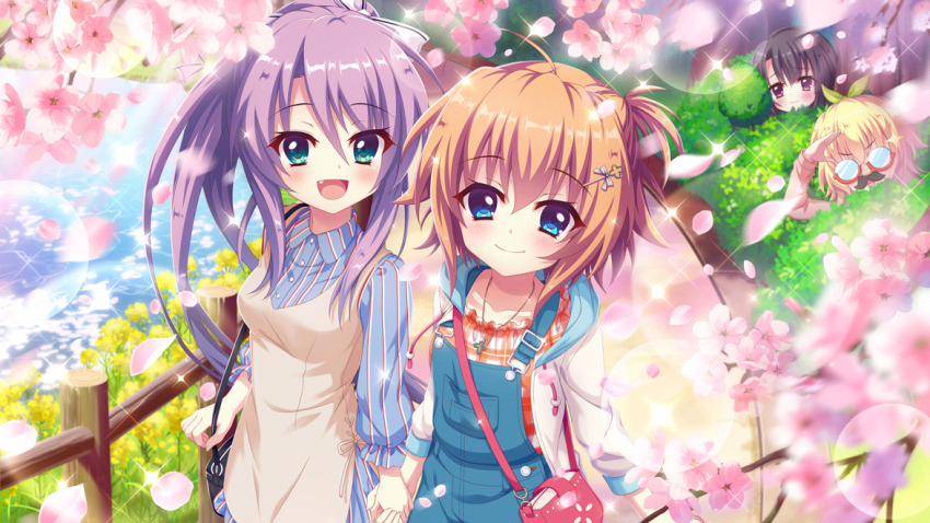 4girls ahoge aqua_eyes arm_up bag birthday black_bag black_hair blonde_hair blue_dress blue_eyes blue_overalls blurry blurry_foreground blush bow breasts brown_dress bush cherry_blossoms closed_mouth day disguise dot_nose dress falling_petals fang fence film_grain flower game_cg glasses green_bow groucho_glasses hair_bow hair_ornament hairclip handbag hasegawa_mii hiding high_ponytail holding_hands hood hooded_jacket ichikishima_mizuha izumi_tsubasu jacket lens_flare long_hair long_sleeves looking_at_viewer multiple_girls non-web_source official_art opaque_glasses open_mouth orange_hair outdoors overalls path peeking petals pinafore_dress pink_bag pink_petals pink_sweater plaid_clothes plaid_shirt pond ponytail purple_eyes purple_hair re:stage! red_shirt road semi-rimless_eyewear shikimiya_mana shirt short_hair sidelocks sleeveless sleeveless_dress small_breasts smile sparkle striped_clothes striped_dress sweater tsukisaka_sayu vertical-striped_clothes vertical-striped_dress white_jacket wooden_fence yellow_flower