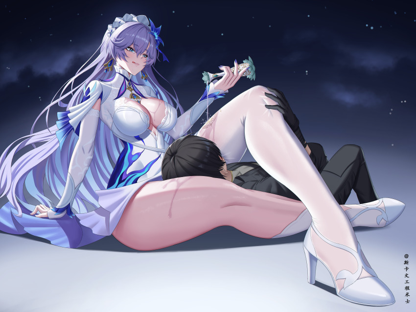1boy 1girl :q absurdres arm_support black_gloves black_jacket black_pants blue_eyes blue_flower breasts cantarella_(wuthering_waves) chinese_commentary commentary_request dress flower full_body gloves hair_between_eyes hair_flower hair_ornament head_between_thighs headdress high_heels highres jacket large_breasts looking_at_another male_rover_(wuthering_waves) pants pouring pouring_onto_self rover_(wuthering_waves) shoes shrug_(clothing) single_thighhigh sitting skaven_gongcheng_shushi thighhighs thighs tongue tongue_out translation_request wet white_dress white_shoes white_shrug white_thighhighs wuthering_waves
