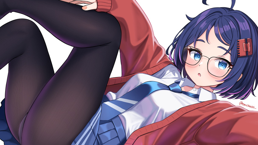 1girl absurdres ahoge black_pantyhose blue_eyes blue_hair blue_necktie blue_skirt blush cardigan claw_hair_clip commentary_request glasses highres knee_up long_sleeves looking_at_viewer lying mila_(miside) miside mita_(miside) n2o necktie on_back open_cardigan open_clothes open_mouth pantyhose pleated_skirt red_cardigan shirt shirt_tucked_in short_hair simple_background skirt solo white_background white_shirt