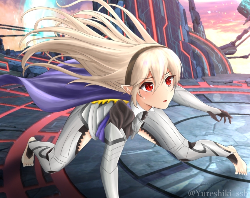 1girl blonde_hair cape female_corrin_(fire_emblem) final_destination_(smash_bros) fire_emblem hairband long_hair nintendo pointy_ears red_eyes slit_pupils solo yureshiki_ssb