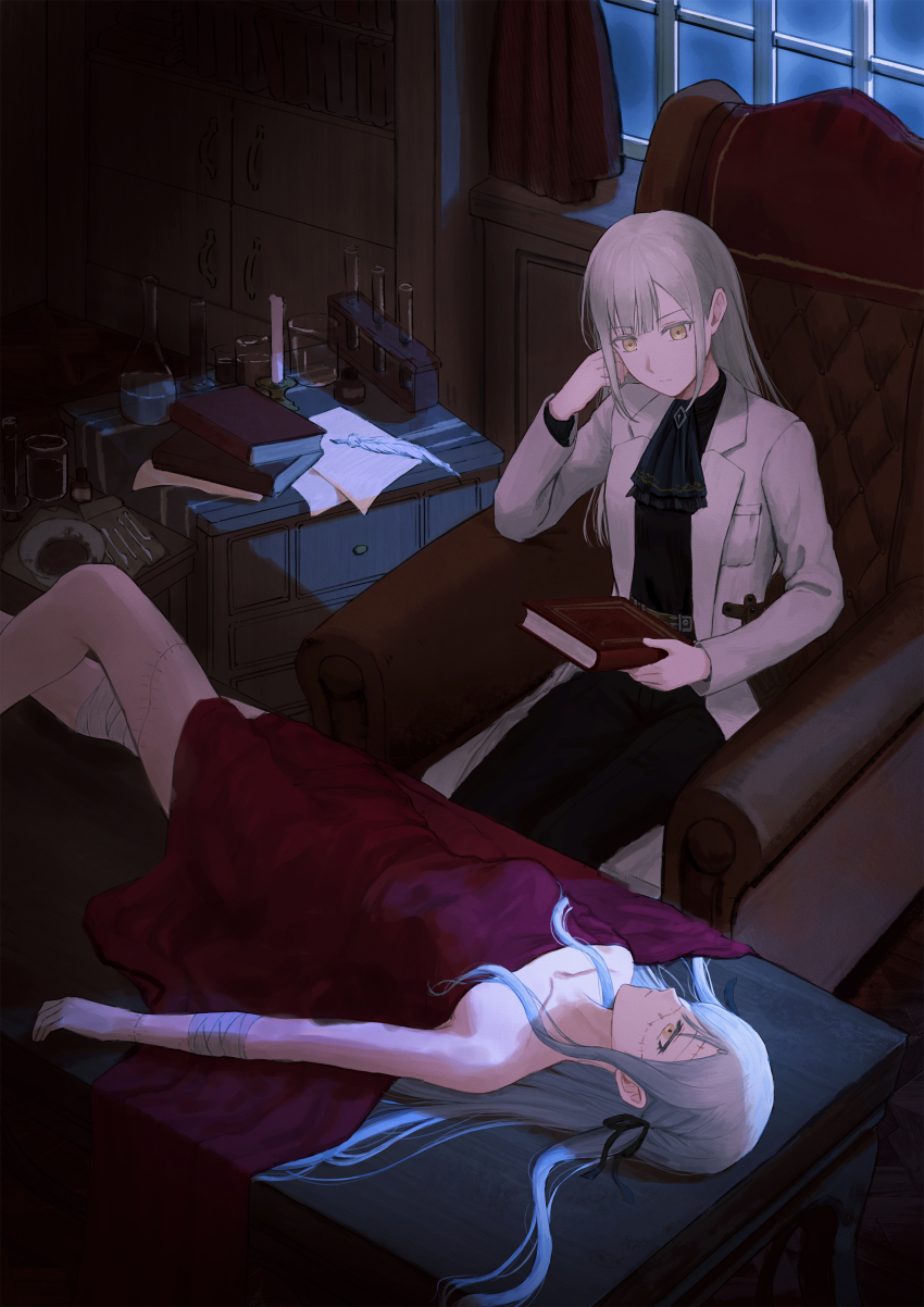 2girls absurdres ascot bandages bang_dream! bang_dream!_it&#039;s_mygo!!!!! belt black_pants black_ribbon black_shirt blue_ascot blue_hair book braid breasts brown_belt chair chinese_commentary collarbone commentary_request cosplay frankenstein&#039;s_monster frankenstein&#039;s_monster_(cosplay) green_hair hair_ribbon highres holding holding_book indoors jacket long_hair long_sleeves lying medium_breasts multiple_girls on_table pants paper qm_dvn quill revision ribbon scalpel shirt sidelocks sitting table test_tube togawa_sakiko wakaba_mutsumi white_jacket yellow_eyes