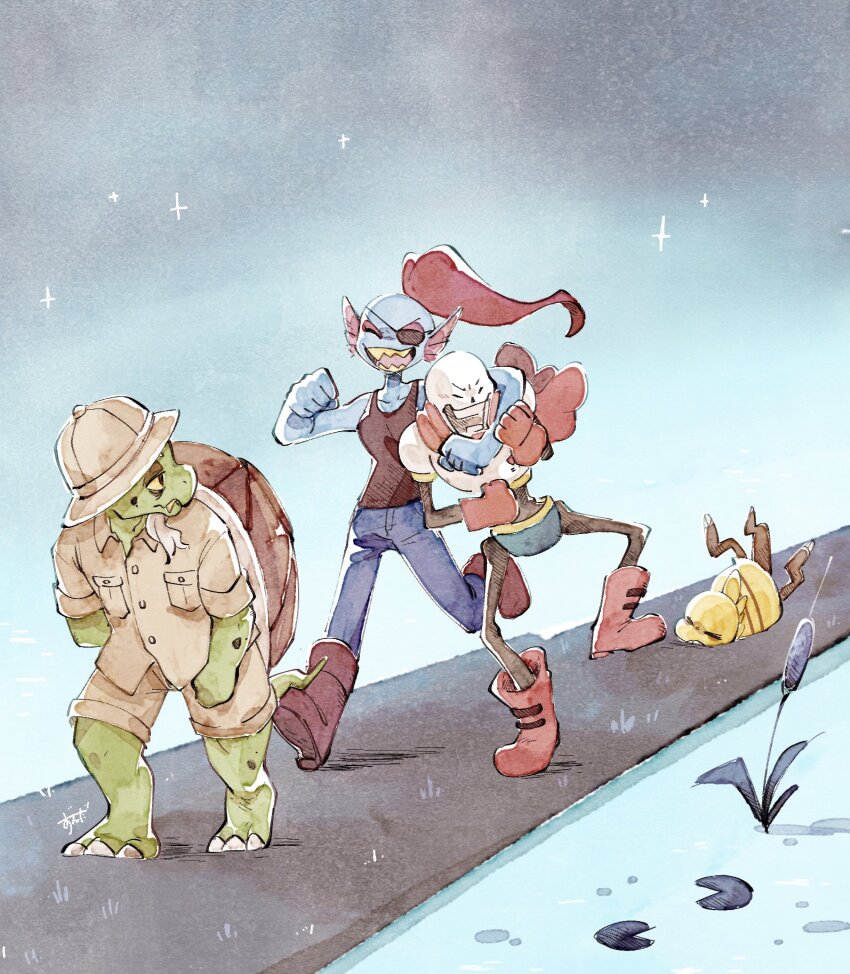 1girl 3boys arm_around_neck barefoot black_tank_top blue_pants blue_skin boots brown_hat brown_shirt brown_shorts clenched_hands closed_eyes colored_skin eyepatch fins full_body furry furry_male gerson gloves green_skin hat head_fins highres monster_kid_(undertale) multiple_boys one_eye_covered open_mouth pants papyrus_(undertale) red_boots red_gloves red_hair shirt shorts smile tank_top tripping turtle_boy undertale undyne walking zunda_e_damame