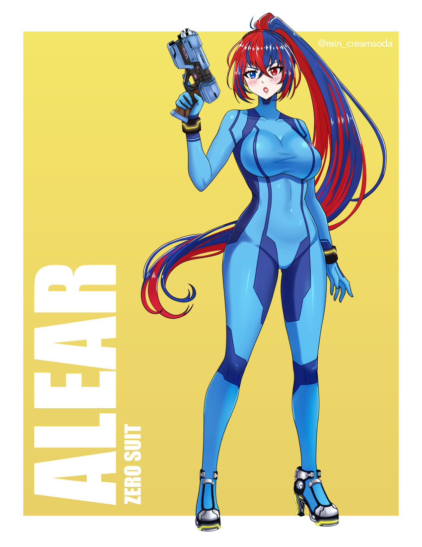 1girl absurdres female_alear_(fire_emblem) blue_bodysuit blue_eyes blue_hair bodysuit breasts crossed_bangs fire_emblem fire_emblem_engage gun heterochromia highres holding holding_gun holding_weapon impossible_bodysuit impossible_clothes long_hair multicolored_hair nintendo paralyzer ponytail red_eyes red_hair rein_creamsoda skin_tight solo split-color_hair two-tone_hair very_long_hair weapon zero_suit