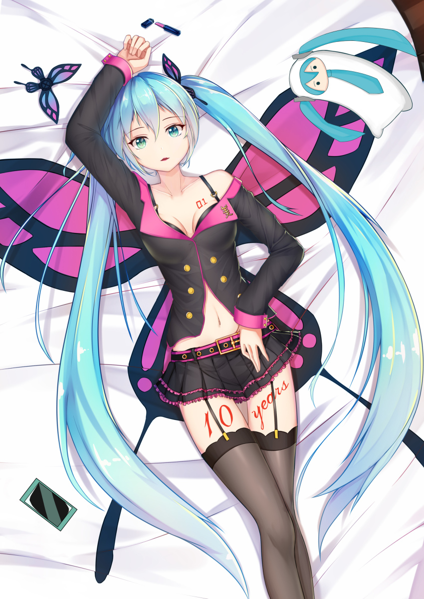 1girl absurdres animal_print aqua_eyes aqua_hair bed_sheet belt belt_skirt black_thighhighs body_writing bra breasts butterfly_print butterfly_wings cellphone cleavage cosmetics female_focus garter_straps hatsune_miku hatsune_miku_(honey_whip) highres insect_wings jacket lipstick lipstick_tube long_hair looking_at_viewer lying makeup medium_breasts midriff_peek miniskirt navel off_shoulder on_back open_mouth phone skirt smartphone solo stuffed_toy thighhighs twintails underwear very_long_hair vocaloid wings zuiai_gongzhu_dianxia