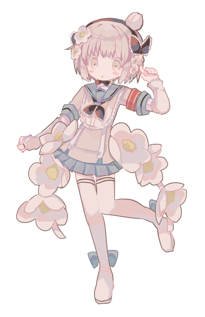1girl absurdres black_hairband black_neckerchief blue_bow blue_sailor_collar blue_skirt bow flower full_body grey_hair grey_shirt hair_flower hair_ornament hairband hand_up highres looking_at_viewer magical_girl mahou_shoujo_ikusei_keikaku muted_color neckerchief pleated_skirt sailor_collar shirt short_hair simple_background skirt snow_white_(mahoiku) solo standing standing_on_one_leg thighhighs usagi_nui white_background white_flower white_thighhighs yellow_eyes