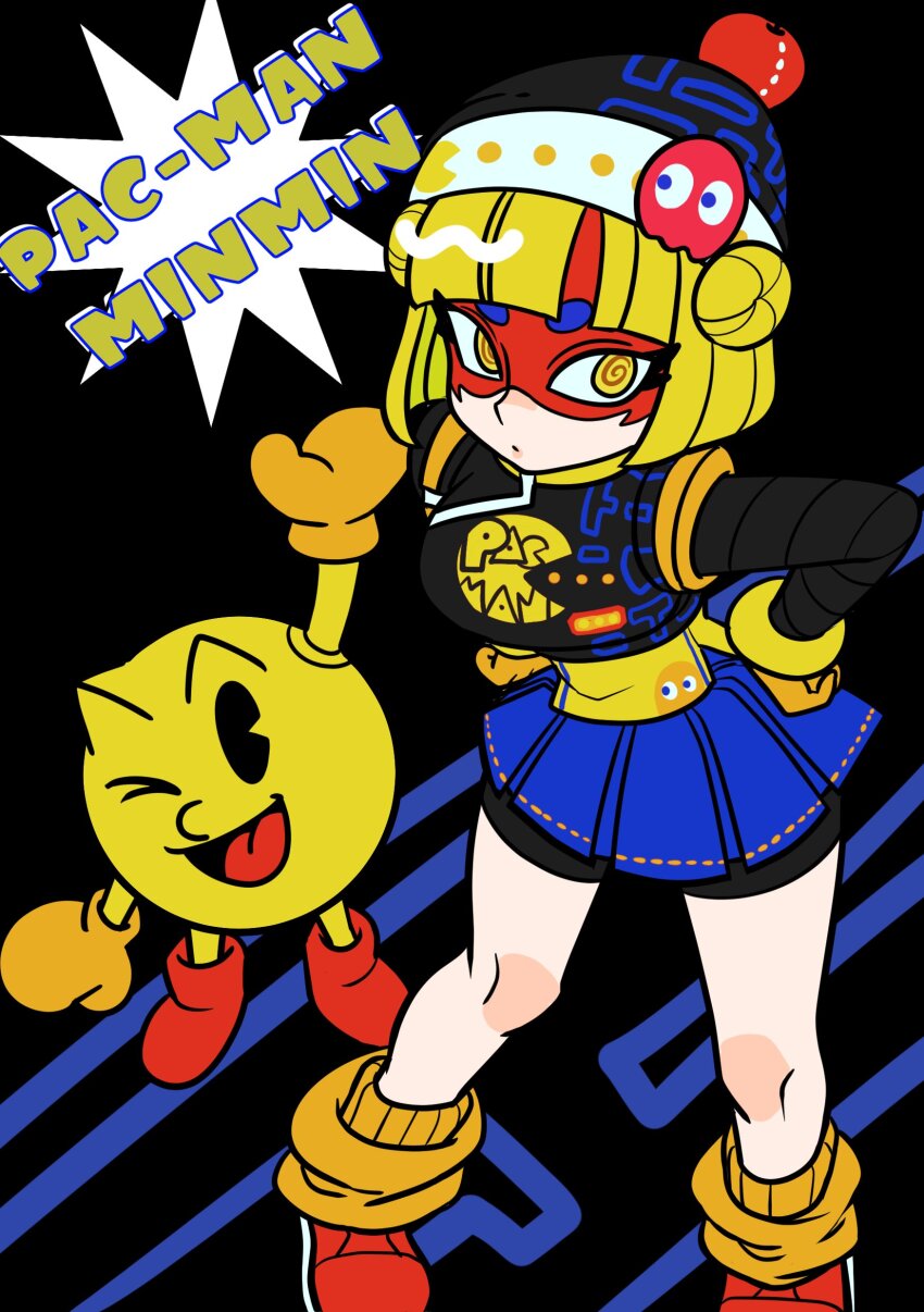 1boy 1girl @_@ arms_(game) beanie bike_shorts blonde_hair blue_skirt bob_cut dancho_no_mori eye_mask from_above hands_on_own_hips hat min_min_(arms) pac-man pac-man_(game) red_shoes shoes short_hair skirt socks yellow_eyes yellow_socks