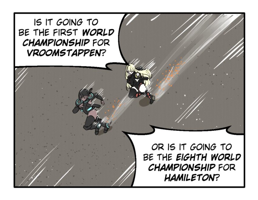 2021_abu_dhabi_grand_prix 2girls animification black_bodysuit black_hair blonde_hair bodysuit chasing commentary dark-skinned_female dark_skin english_commentary english_text fleeing formula_one genderswap genderswap_(mtf) lewis_hamilton max_verstappen merryweather motion_lines multiple_girls original pineapple_(pine) running