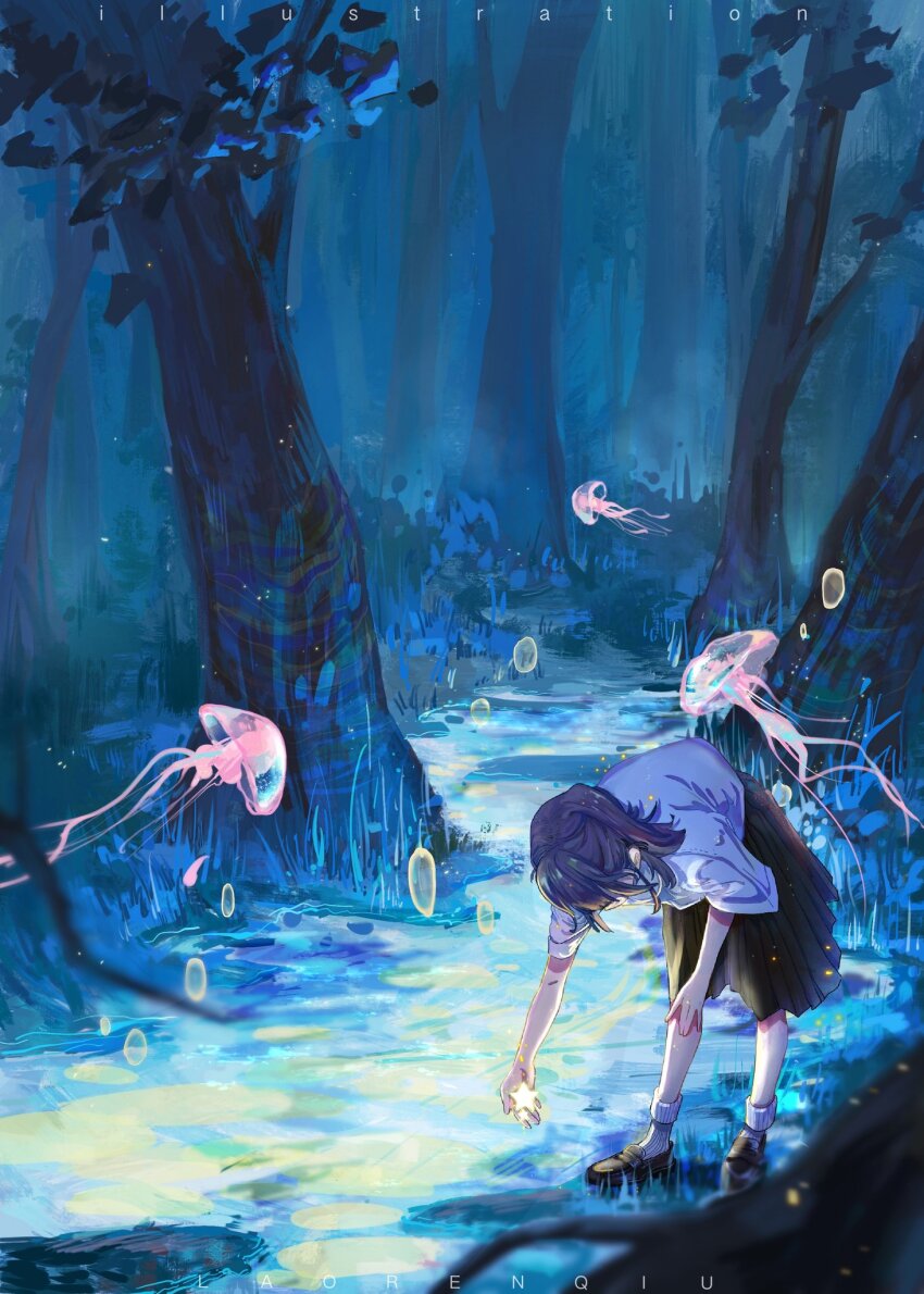 1girl artist_name bent_over black_shoes black_skirt brown_hair bubble fish flying_fish forest full_body hand_on_own_knee high-waist_skirt highres holding holding_star jellyfish lao_ren_qiu light_particles loafers medium_skirt nature night original outdoors picking_up pleated_skirt shirt shoes short_hair short_sleeves skirt socks solo star_(symbol) stream watermark white_shirt white_socks