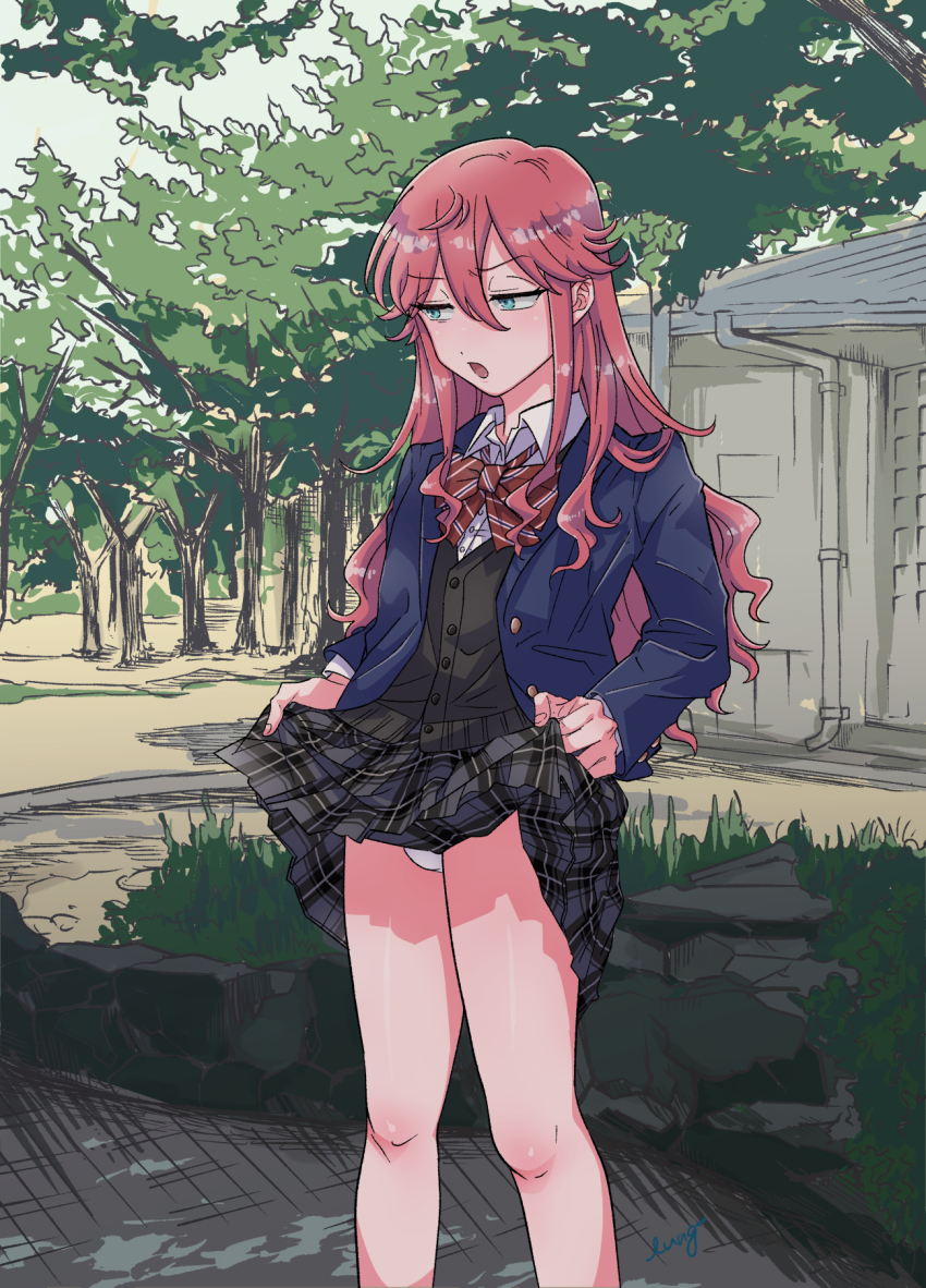 1boy ahoge aqua_eyes artist_name black_vest blazer blue_eyes blue_jacket blue_lung blush bow bowtie buttons checkered_clothes checkered_skirt clothes_lift collar collared_shirt crossdressing furrowed_brow green_skirt grey_shirt highres holding jacket kneeling lifting_own_clothes long_hair long_sleeves male_focus miniskirt open_clothes open_jacket open_mouth original panties panty_peek park pleated_skirt pocket red_bow red_hair red_neckwear red_ribbon ribbon school_uniform shade shadow shirt sidelocks skirt skirt_lift standing striped_bow striped_neckwear striped_ribbon thighs trap tree underwear upskirt vest white_panties white_shirt