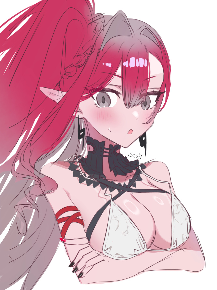 1girl 590kogure590 absurdres baobhan_sith_(fate) baobhan_sith_(swimsuit_pretender)_(fate) baobhan_sith_(swimsuit_pretender)_(third_ascension)_(fate) bare_shoulders bikini blush breasts cleavage crossed_arms detached_collar earrings fate/grand_order fate_(series) grey_eyes highres jewelry large_breasts long_hair looking_at_viewer open_mouth pink_hair pointy_ears side_ponytail sidelocks solo swimsuit white_bikini