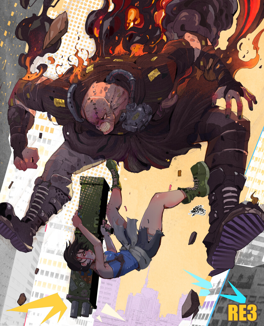 1boy 1girl absurdres aiming black_skirt blood blood_on_face blue_tube_top boots burning cityscape copyright_name fire g3demon highres jill_valentine miniskirt nemesis_(resident_evil) resident_evil resident_evil_3:_nemesis rocket_launcher signature skirt stitched_face stitches strapless torn_clothes tube_top weapon