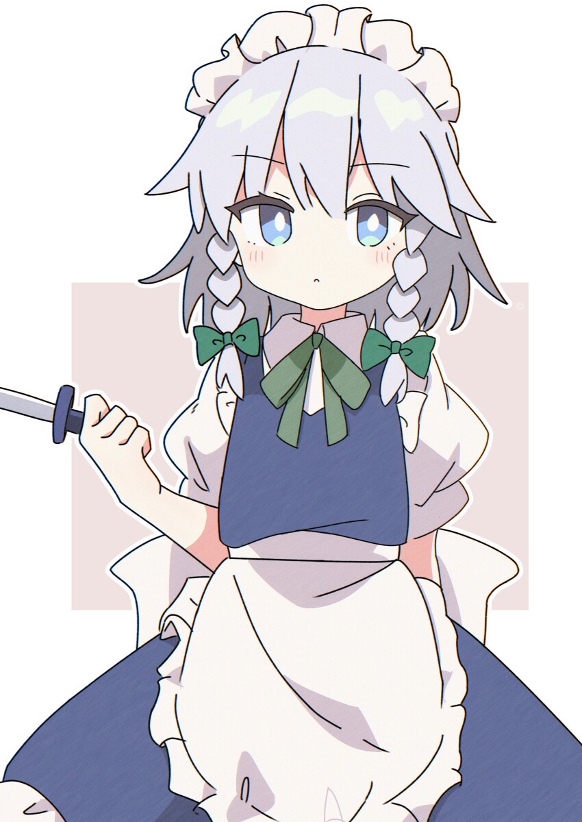 1girl absurdres apron arm_behind_back black201_wav blue_eyes bow bowtie braid closed_mouth green_bow green_bowtie grey_hair hair_bow highres holding holding_knife izayoi_sakuya knife long_hair looking_at_viewer maid maid_headdress puffy_short_sleeves puffy_sleeves short_sleeves solo touhou twin_braids waist_apron white_apron