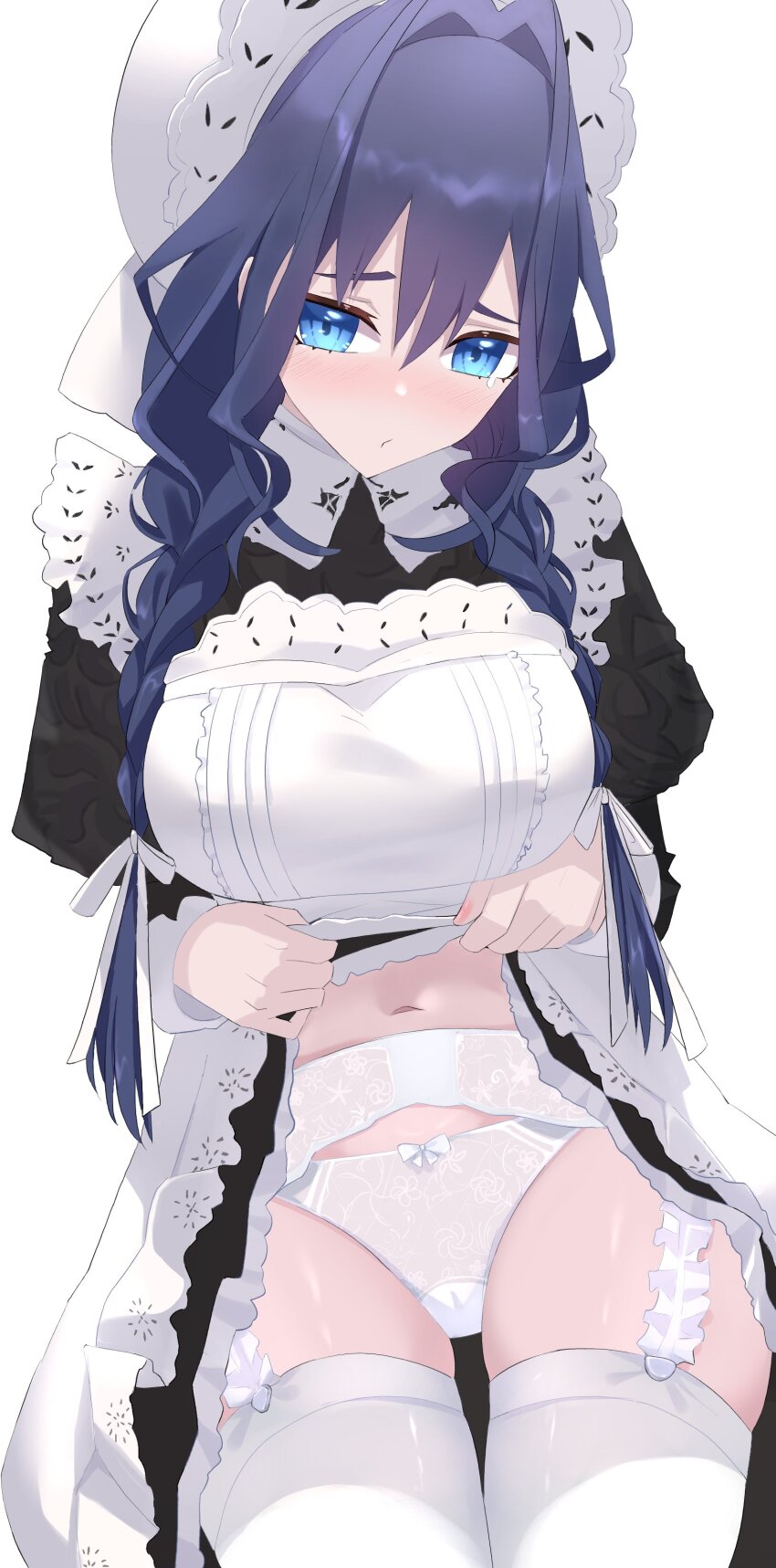 1girl absurdres apron black_dress blue_eyes blue_hair braid breasts clothes_lift dress dress_lift frilled_apron frilled_hat frills garter_straps hair_between_eyes hair_intakes hair_over_shoulder hat highres hololive hololive_english lace lace_panties large_breasts long_hair long_sleeves looking_at_viewer low_twin_braids mahiruuu maid mob_cap navel official_alternate_costume official_alternate_hairstyle ouro_kronii ouro_kronii_(maid) panties simple_background solo thighhighs twin_braids underwear victorian_maid virtual_youtuber white_apron white_background white_hat white_thighhighs