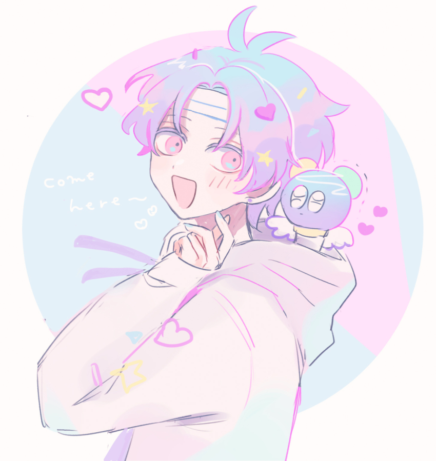 1boy blue_hair blush cookie_run cookie_run:_ovenbreak english_text happy heart highres humanization looking_at_viewer male_focus mamimumemo microphone multicolored_hair open_mouth personification popping_candy_cookie purple_hair smile solo two-tone_hair