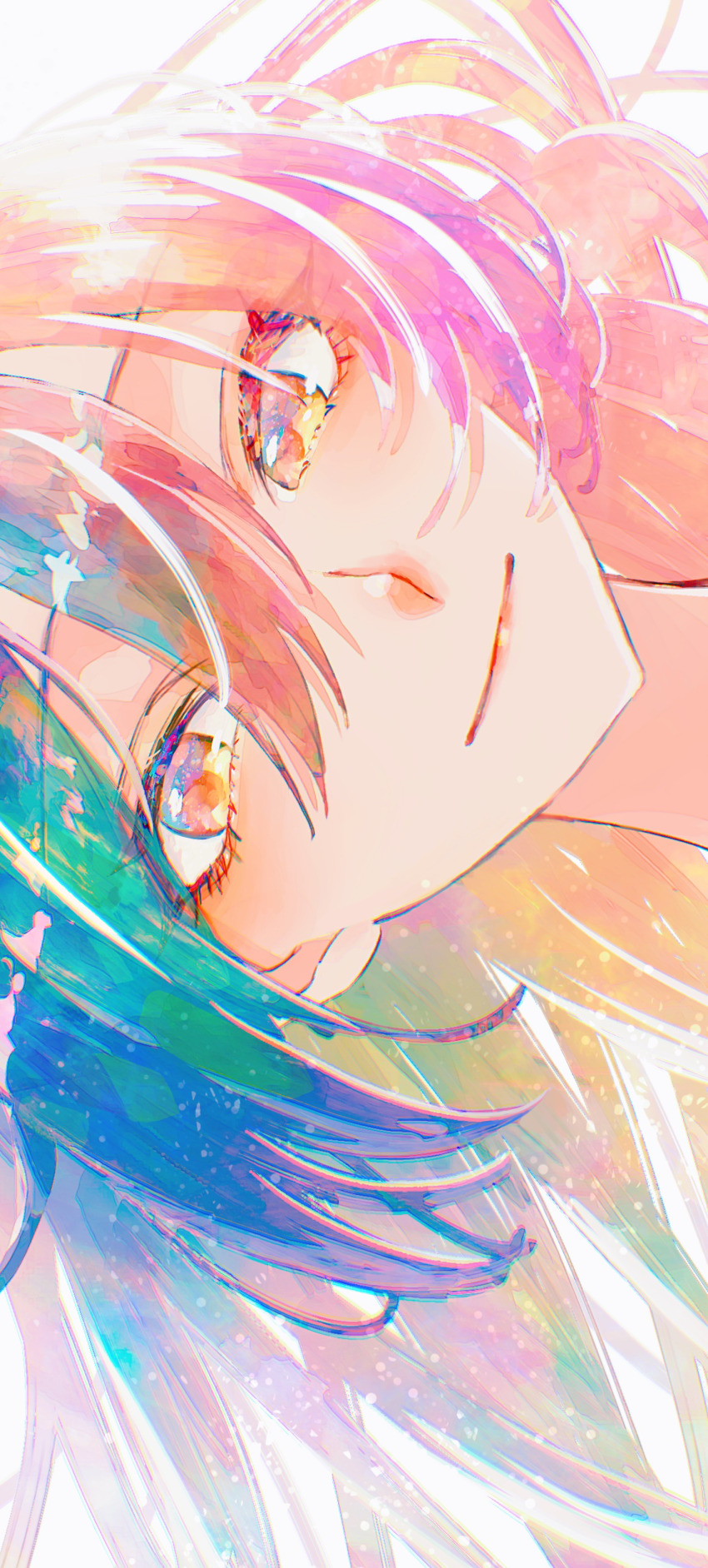 1girl absurdres brown_eyes close-up closed_mouth commentary commentary_request gradient_hair hair_between_eyes highres idolmaster idolmaster_shiny_colors light_smile lipstick long_hair looking_at_viewer makeup multicolored_hair paddy_field shirase_sakuya sideways simple_background solo swept_bangs symbol-only_commentary white_background