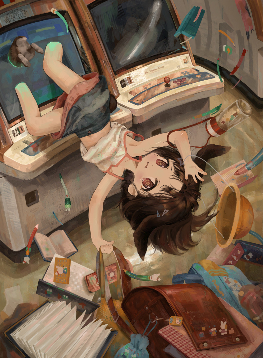 1girl @_@ absurdres animal_ears arcade backpack bag brown_eyes brown_hair camisole doubutsunoujyou highres indoors miniskirt original rabbit_girl randoseru short_hair skirt solo