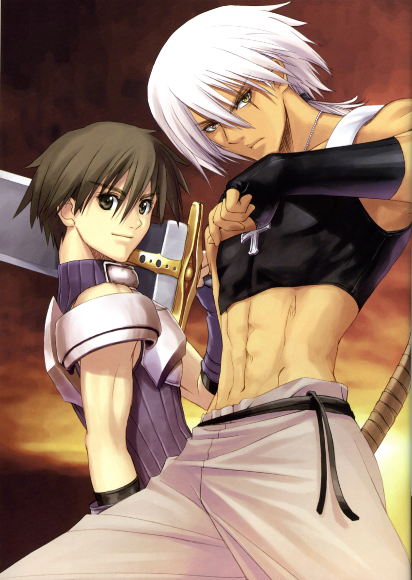 2boys abs absurdres backlighting black_eyes black_hair blouse blue_shirt cowboy_shot crop_top cross fingerless_gloves from_side gloves gorget hair_between_eyes highres holding holding_sword holding_weapon jewelry keiner legs_apart low_ponytail male_focus multiple_boys necklace outdoors pendant ponytail scan sega shining_(series) shining_tears shirt sleeveless sleeveless_shirt smile standing sunset sword tony_taka turtleneck v-shaped_eyebrows weapon white_hair xion