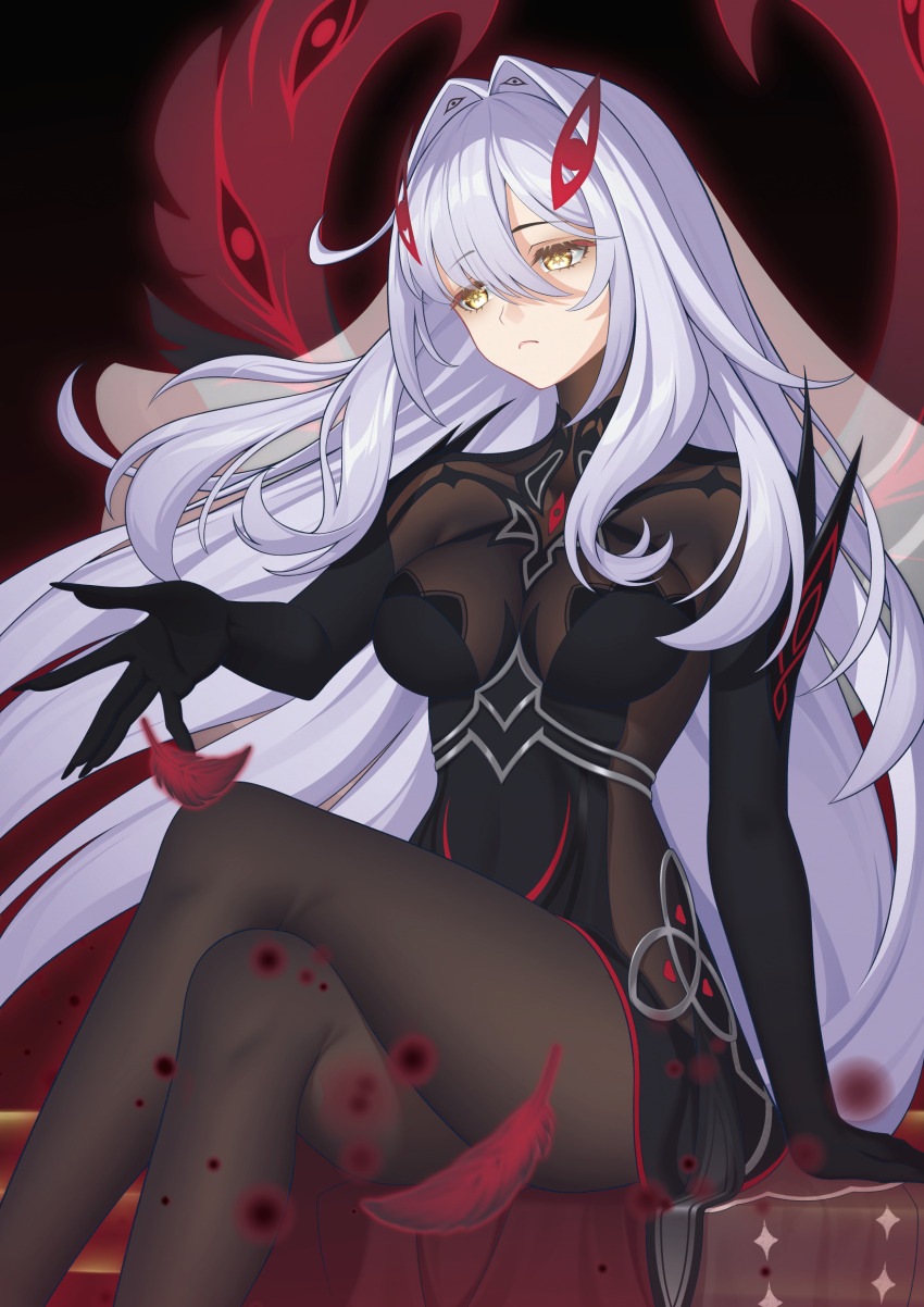 1girl absurdres black_dress bodystocking breasts closed_mouth cowlick crossed_legs dress eye_hair_ornament eye_symbol eyes_on_wings genshin_impact hair_between_eyes hair_intakes hair_ornament highres long_hair ronova_(genshin_impact) sasaki3rd side_ahoge solo symbol-shaped_pupils very_long_hair white_hair wings yellow_eyes