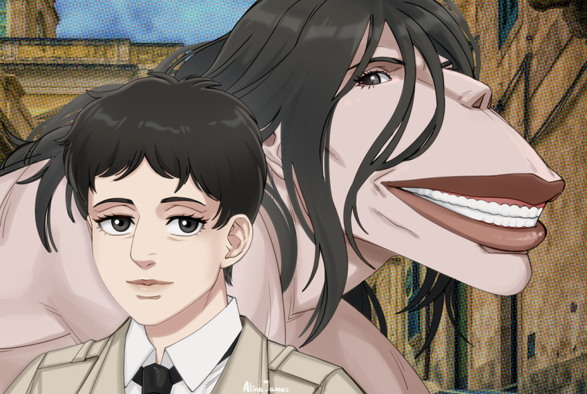 1girl 1other adelheid_(moschiola) alternate_hair_length alternate_hairstyle black_eyes black_hair black_necktie brown_coat cart_titan coat commentary_request grin hair_length_switch long_hair necktie pieck_finger shingeki_no_kyojin short_hair signature smile titan_(shingeki_no_kyojin)