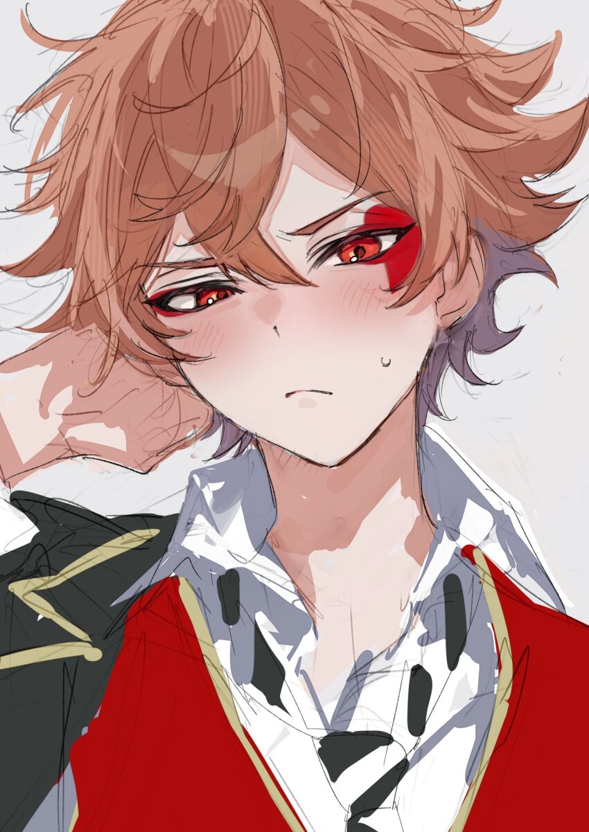 1boy :/ ace_trappola black_jacket blush closed_mouth collared_shirt crossed_bangs dot_nose double-parted_bangs facial_mark hair_between_eyes heart highres hikentai3 jacket looking_at_viewer male_focus night_raven_college_uniform open_collar orange_hair red_eyes red_vest school_uniform shirt simple_background solo sweatdrop twisted_wonderland unfinished upper_body vest white_background wing_collar