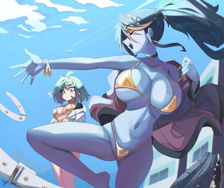 2girls absurdres ahoge belt bikini blue_skin blue_sky bouncing_breasts breasts closed_eyes colored_skin day geistbox girl_staring_at_guy&#039;s_chest_(meme) gold_bikini green_eyes green_hair highres jacket jealous jeans_shorts jewelry large_breasts long_hair medium_breasts multiple_girls navel open_mouth original pandy_(geistbox) ponytail ring serious shorts sky smile swimsuit undressing unzipped vio_(geistbox) zipper