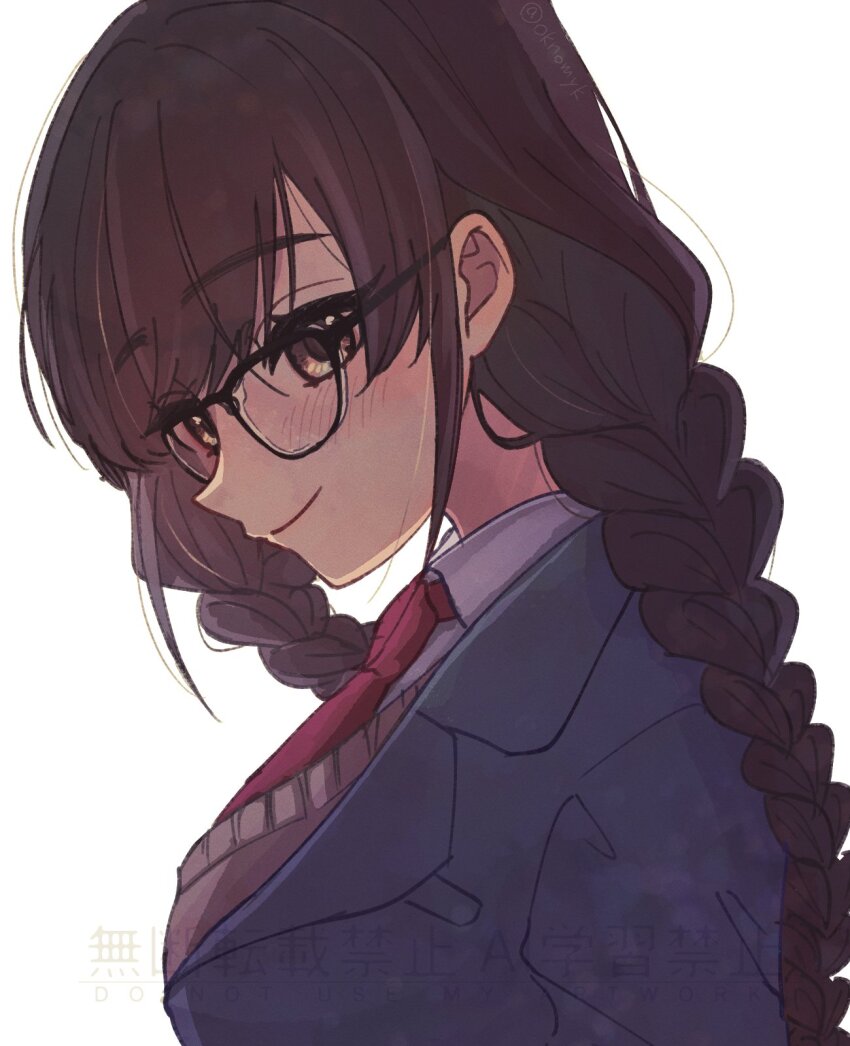 1girl aged_up blush braid breasts brown_eyes brown_hair female_focus glasses highres iin_chiyo kimi_no_koto_ga_dai_dai_dai_dai_daisuki_na_100-nin_no_kanojo large_breasts long_hair necktie ohananomitsu_high_school_uniform oknomyk school_uniform smile solo twin_braids upper_body watermark white_background