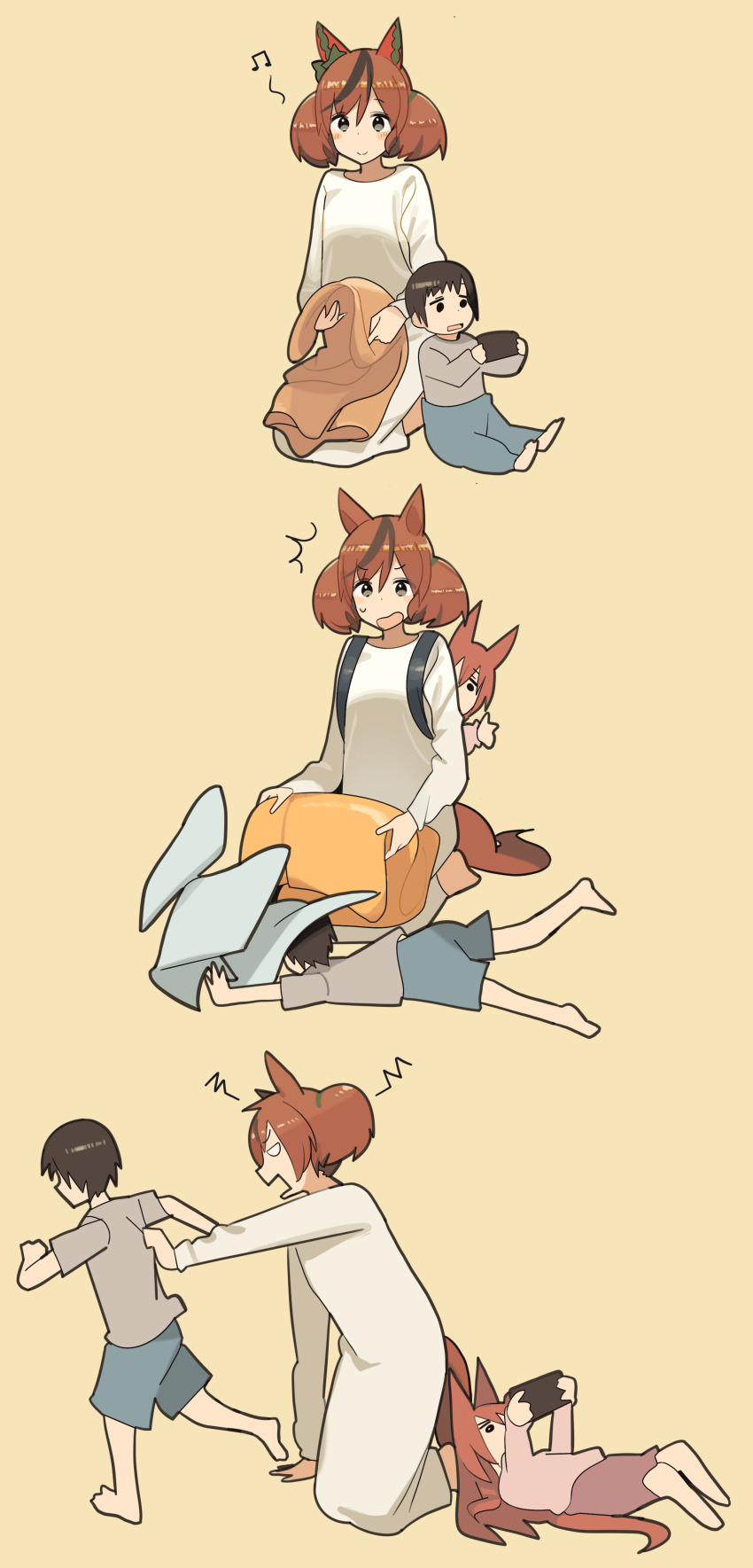 1boy 2girls absurdres age_progression alternate_costume angry animal_ears ashinowoto back beamed_eighth_notes blue_shorts blush bow brother_and_sister brown_background brown_eyes closed_mouth commentary_request ear_bow ear_covers falling folding_clothes green_bow grey_shirt highres holding holding_phone horse_ears horse_girl horse_tail long_hair long_sleeves lying mother_and_daughter mother_and_son multiple_girls multiple_views musical_note nice_nature_(umamusume) notice_lines on_back on_ground phone playing red_hair seiza shirt shorts siblings simple_background sitting smile tail twintails umamusume