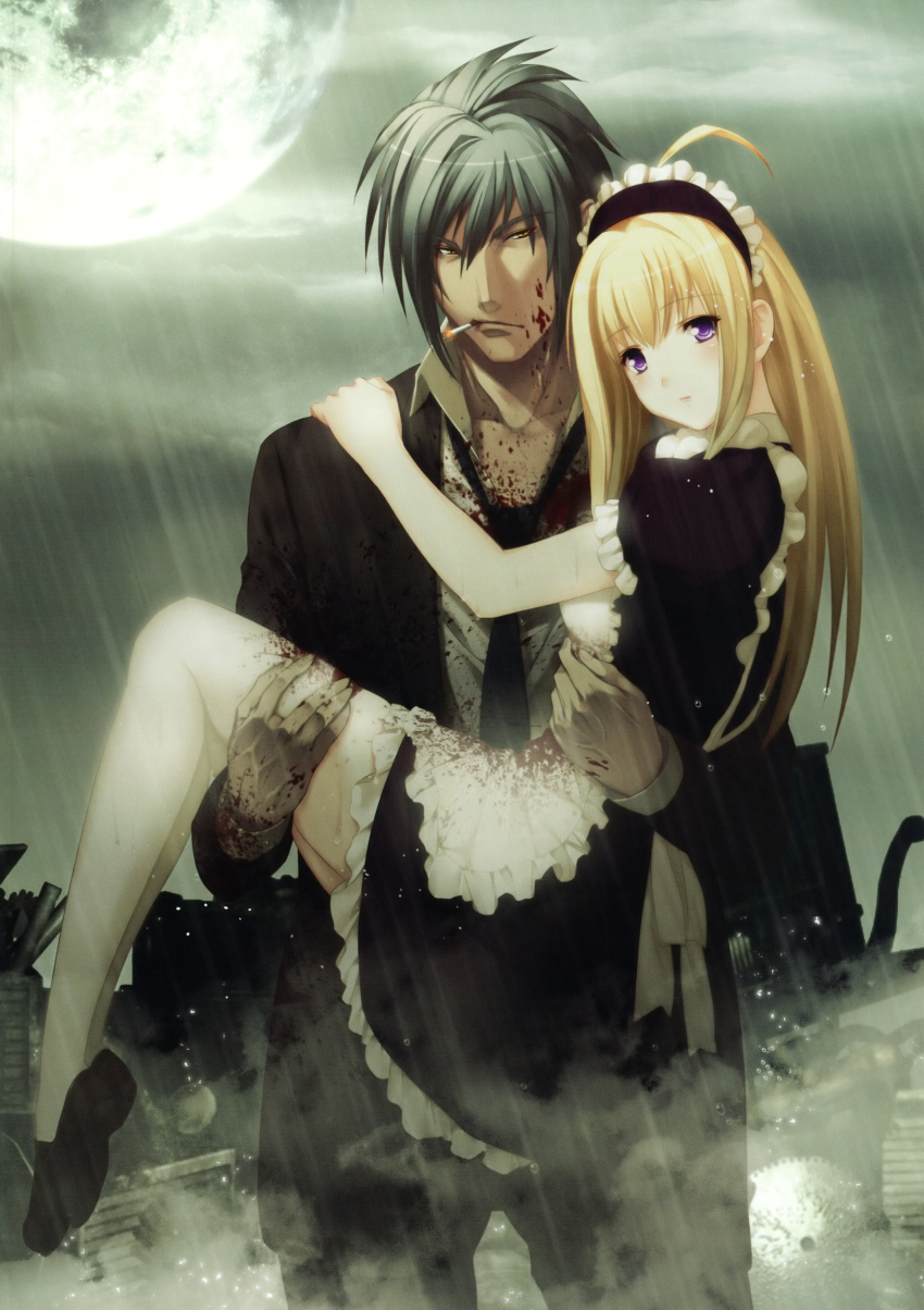 1boy 1girl absurdres anna_(gekkou_no_carnevale) blood carrying cigarette cloud cloudy_sky gekkou_no_carnevale highres image_sample maid maid_headdress moon oosaki_shin&#039;ya romeo_(gekkou_no_carnevale) shoes sky