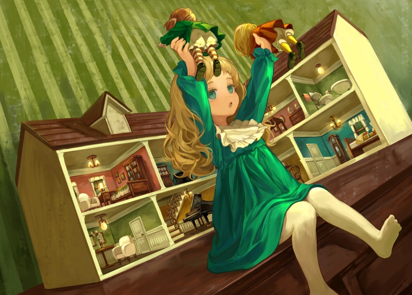 1girl :o absurdres arms_up blonde_hair child collared_dress commentary_request doll doll_house drawer dress foot_out_of_frame green_dress green_eyes highres holding holding_doll indoors long_hair long_sleeves mini_person minigirl no_shoes open_mouth original pantyhose playing sero3eta sitting solo striped_wall white_pantyhose