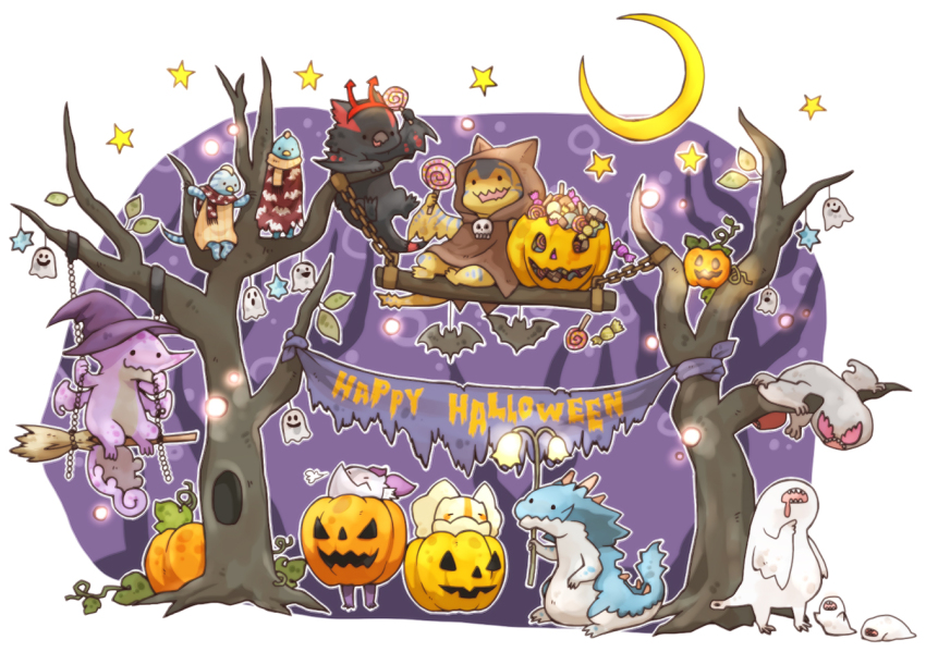 bad_id bad_pixiv_id banner bare_tree bat_(animal) broom candy capcom chameleos chibi creature crescent_moon dragon english_text food genprey ghost gigginox halloween happy_halloween hat hood jack-o&#039;-lantern khezu khezu_whelp lagiacrus lollipop minimized monster monster_hunter_(series) monster_hunter_3 moon nargacuga no_humans pumpkin robe scarf sitting small_dragon star_(symbol) swing tigrex tree velociprey witch_hat yakiudon yian_garuga yian_kut-ku
