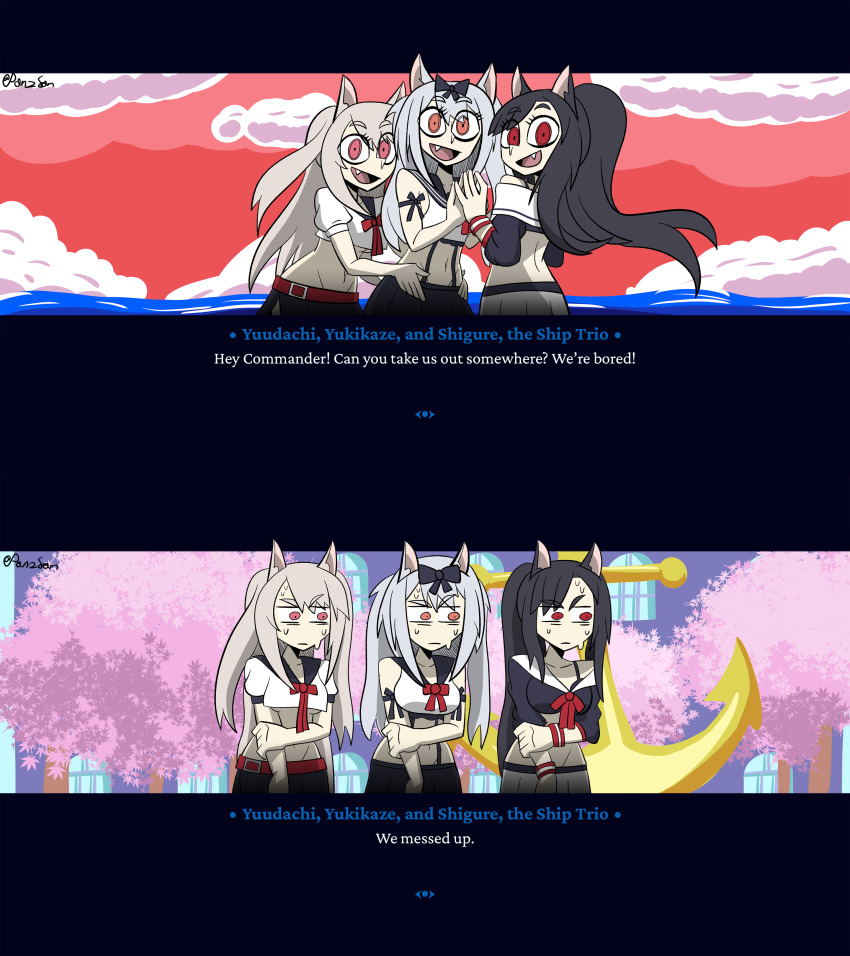 3girls absurdres animal_ear_fluff animal_ears artist_name azur_lane black_bow black_hair bow cat_ears cat_girl english_text fang grey_hair hair_bow helltaker high_ponytail highres midriff multiple_girls navel neckerchief panzsan parody ponytail red_eyes red_neckerchief shigure_(azur_lane) stomach style_parody sweatdrop two_side_up vanripper_(style) white_hair wolf_ears wolf_girl yukikaze_(azur_lane) yuudachi_(azur_lane)