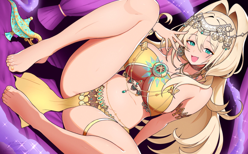 1girl armlet bare_shoulders barefoot belly_chain blonde_hair breasts chain choker cleavage commentary curtains dutch_angle earrings english_commentary fang feet fingernails full_body goddess_of_victory:_nikke gold_chain gold_nails gold_tiara green_eyes groin gyaru hand_up jewelry knee_up large_breasts legs long_hair looking_at_viewer midriff nail_polish navel navel_piercing necklace o-ring o-ring_top official_alternate_costume oil_lamp pelvic_curtain piercing ponytail revenantart rupee_(desert_jewel) rupee_(nikke) see-through_cleavage see-through_clothes see-through_shirt shirt sitting smoke solo sparkle strapless thigh_strap tiara toenail_polish toenails toes underboob very_long_hair