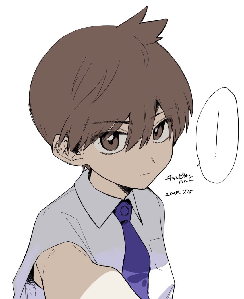 1boy brown_eyes brown_hair closed_mouth collared_shirt commentary_request florian_(pokemon) hei_tai_(kyaputen1) highres male_focus necktie nintendo pokemon pokemon_sv purple_necktie shirt short_hair short_sleeves simple_background solo speech_bubble translation_request upper_body white_background