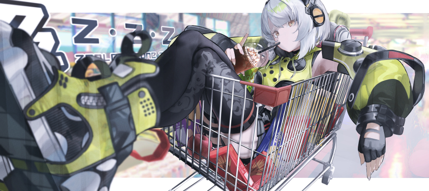 1girl absurdres anby_demara black_thighhighs commentary_request drink drinking drinking_straw fingerless_gloves food gloves green_sleeves grey_hair headphones highres ice_cream ice_cream_float in_shopping_cart looking_at_viewer miniskirt orange_eyes pleated_skirt pocky shi_koku shopping_cart short_hair skirt snack solo thighhighs zenless_zone_zero