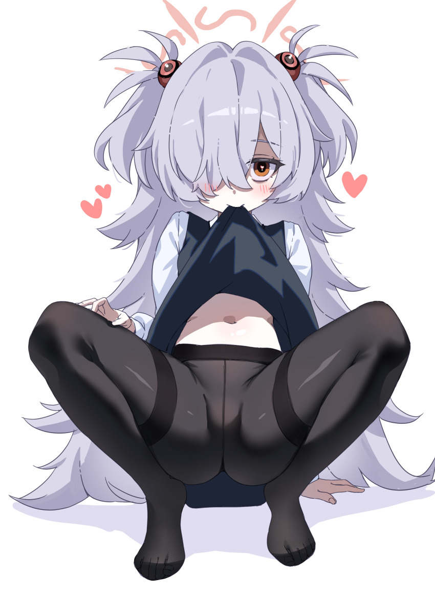 1girl absurdres bags_under_eyes black_pantyhose black_shirt blue_archive blush clothes_lift commentary grey_hair hair_between_eyes halo heart highres kanoe_(blue_archive) long_hair looking_at_viewer navel pantyhose picter red_halo shirt shirt_lift simple_background solo squatting thighs two_side_up very_long_hair white_background