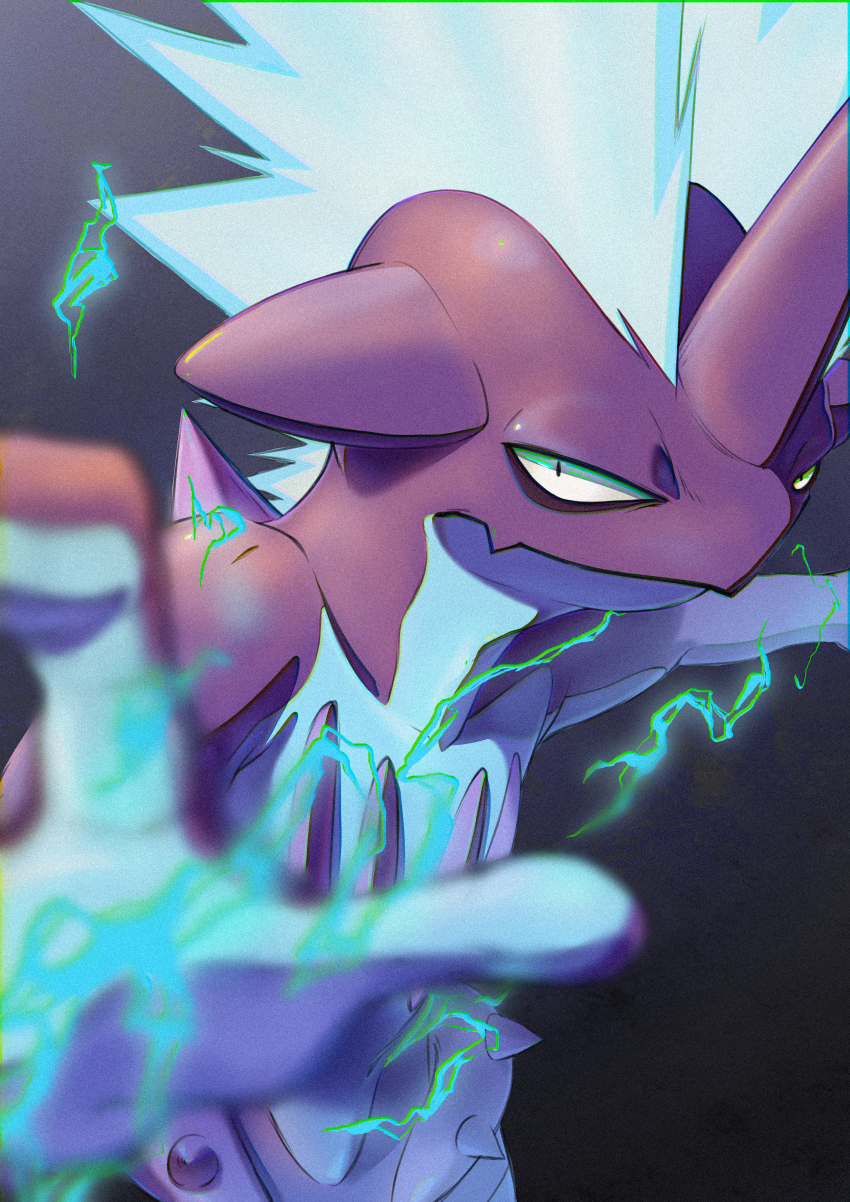absurdres black_eyes blurry blurry_foreground closed_mouth commentary_request electricity fang film_grain gen_8_pokemon glowing highres horns iwashi_(66senninjin99) looking_at_viewer nintendo pokemon pokemon_(creature) single_horn skin_fang solo spikes toxtricity toxtricity_(low_key)